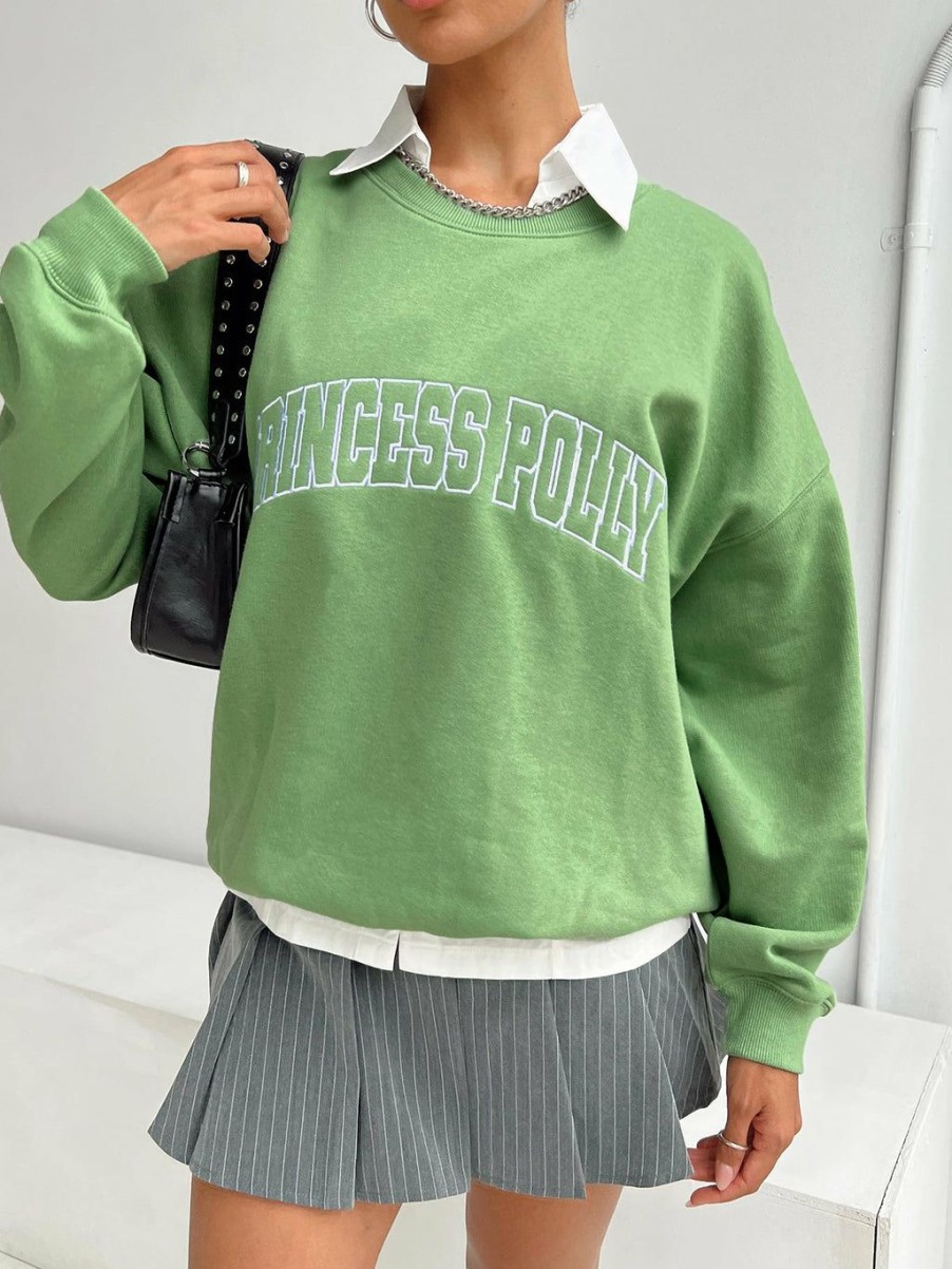 Jumpers * | Princess Polly Lower Impact Princess Polly Crew Neck Sweater Collegiate Text Green