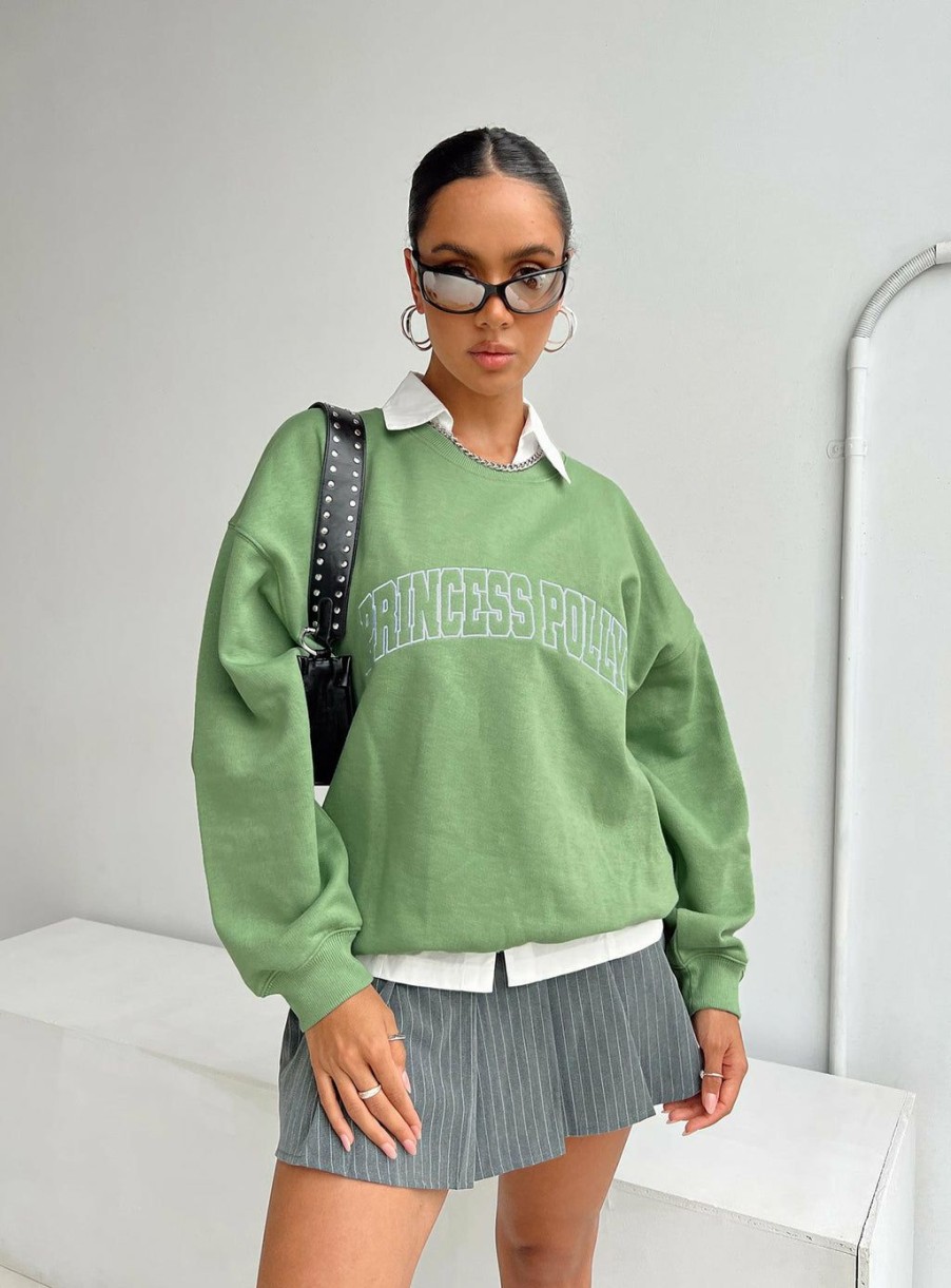 Jumpers * | Princess Polly Lower Impact Princess Polly Crew Neck Sweater Collegiate Text Green