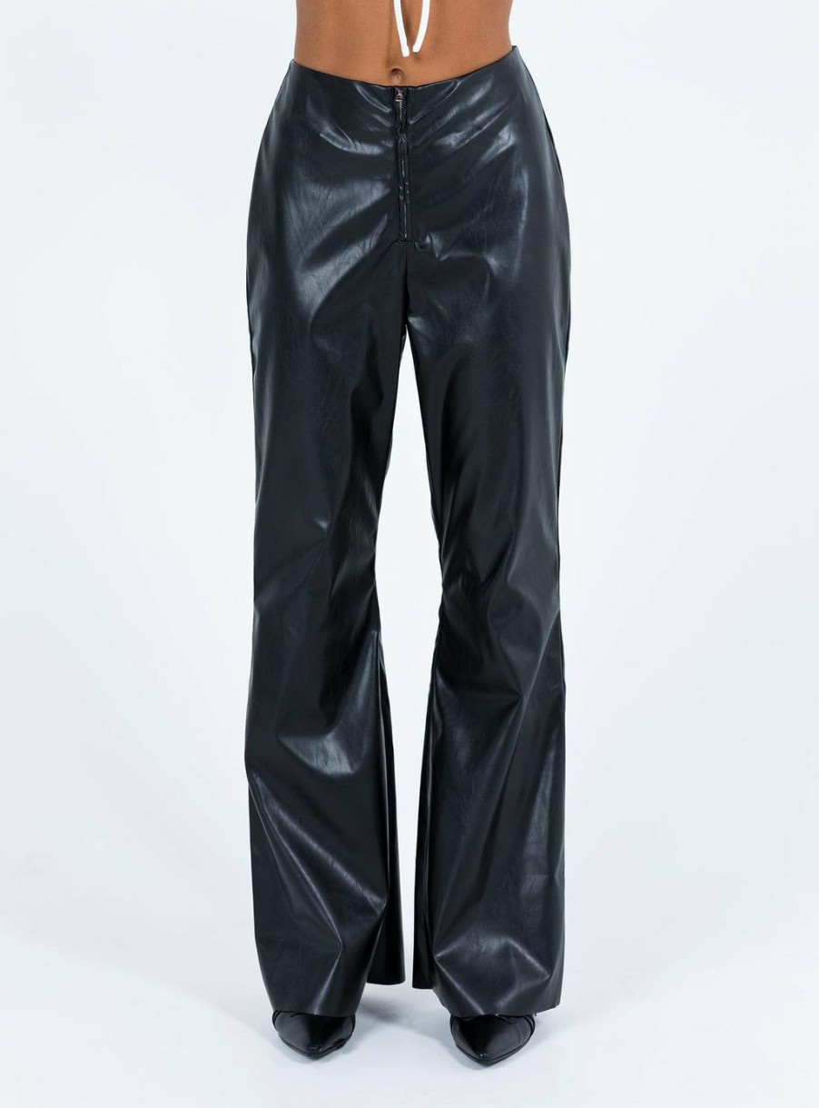 Pants * | Princess Polly Valla Faux Leather Flare Pants Black