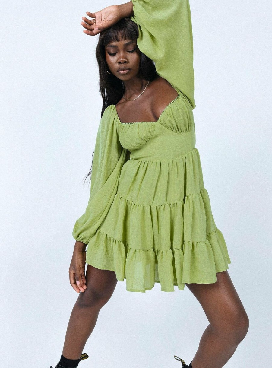 Mini Dresses * | Princess Polly Danny Long Sleeve Mini Dress Green