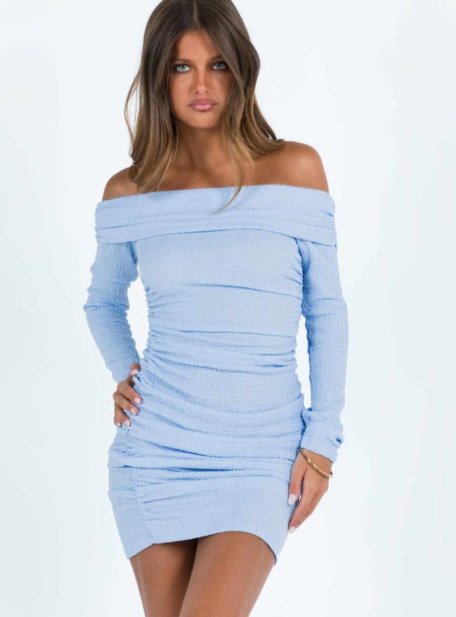 Mini Dresses * | Princess Polly Highfield Off The Shoulder Mini Dress Blue