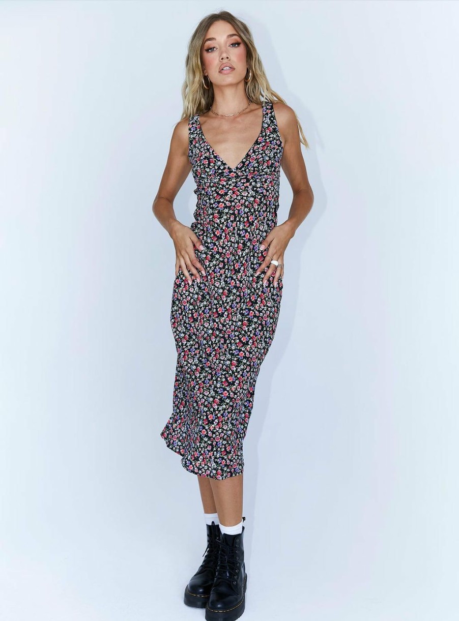 Maxi & Midi Dresses * | Princess Polly Delta Midi Dress Black Floral