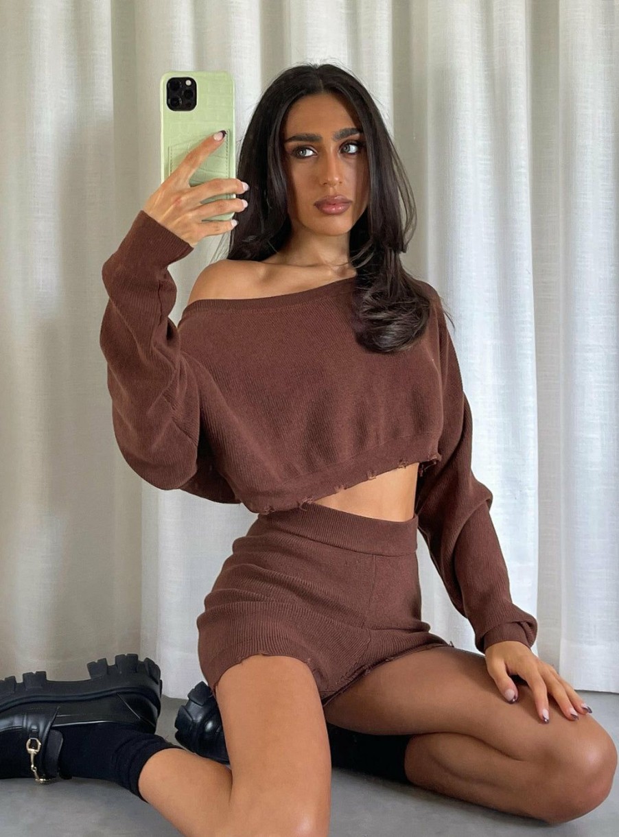 Jumpers * | Princess Polly Lower Impact Hazel Off Shoulder Sweater Brown