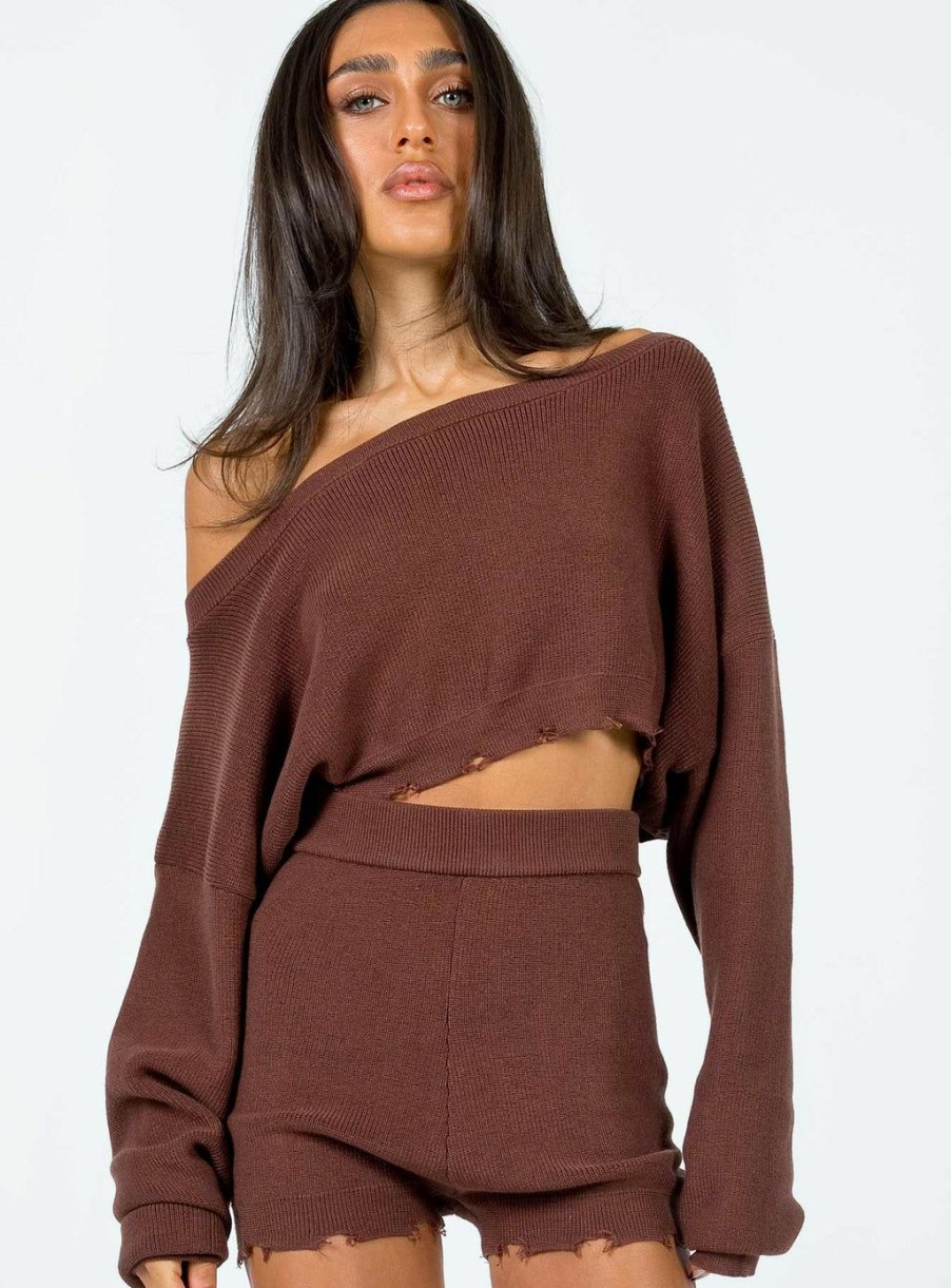 Jumpers * | Princess Polly Lower Impact Hazel Off Shoulder Sweater Brown