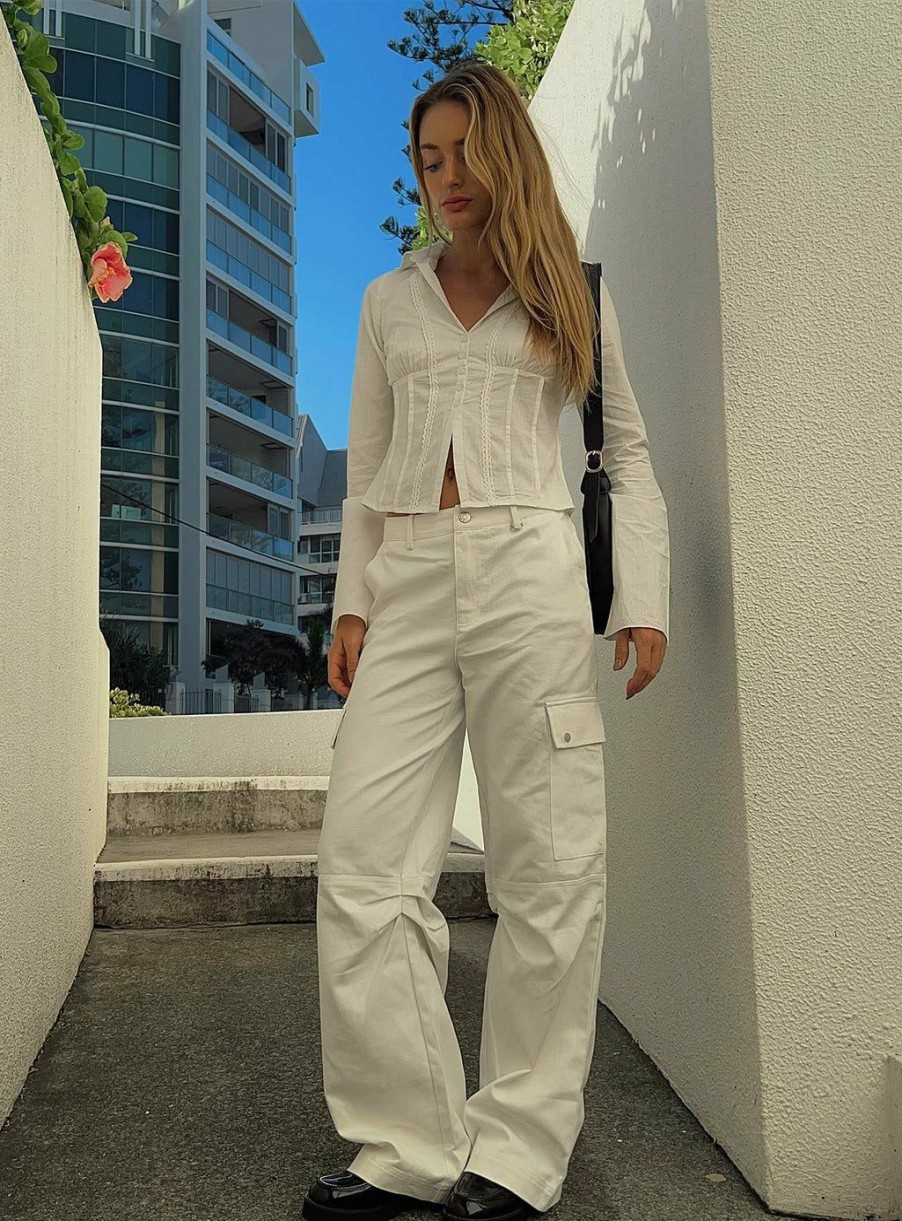 Pants * | Princess Polly Fallout Mid Rise Cargo Pants White