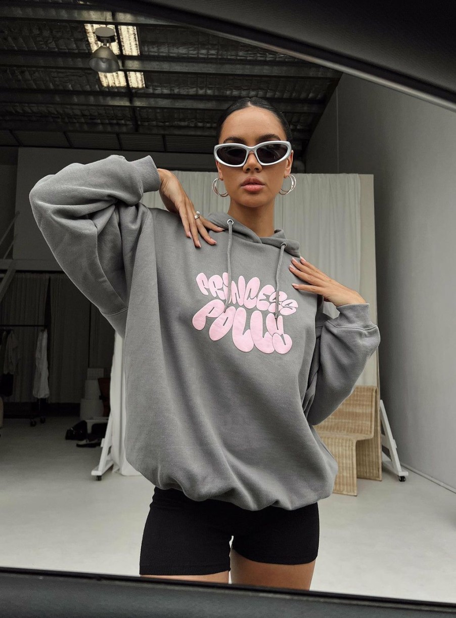 Jumpers * | Princess Polly Lower Impact Princess Polly Hooded Sweater Bubble Text Charcoal / Pink