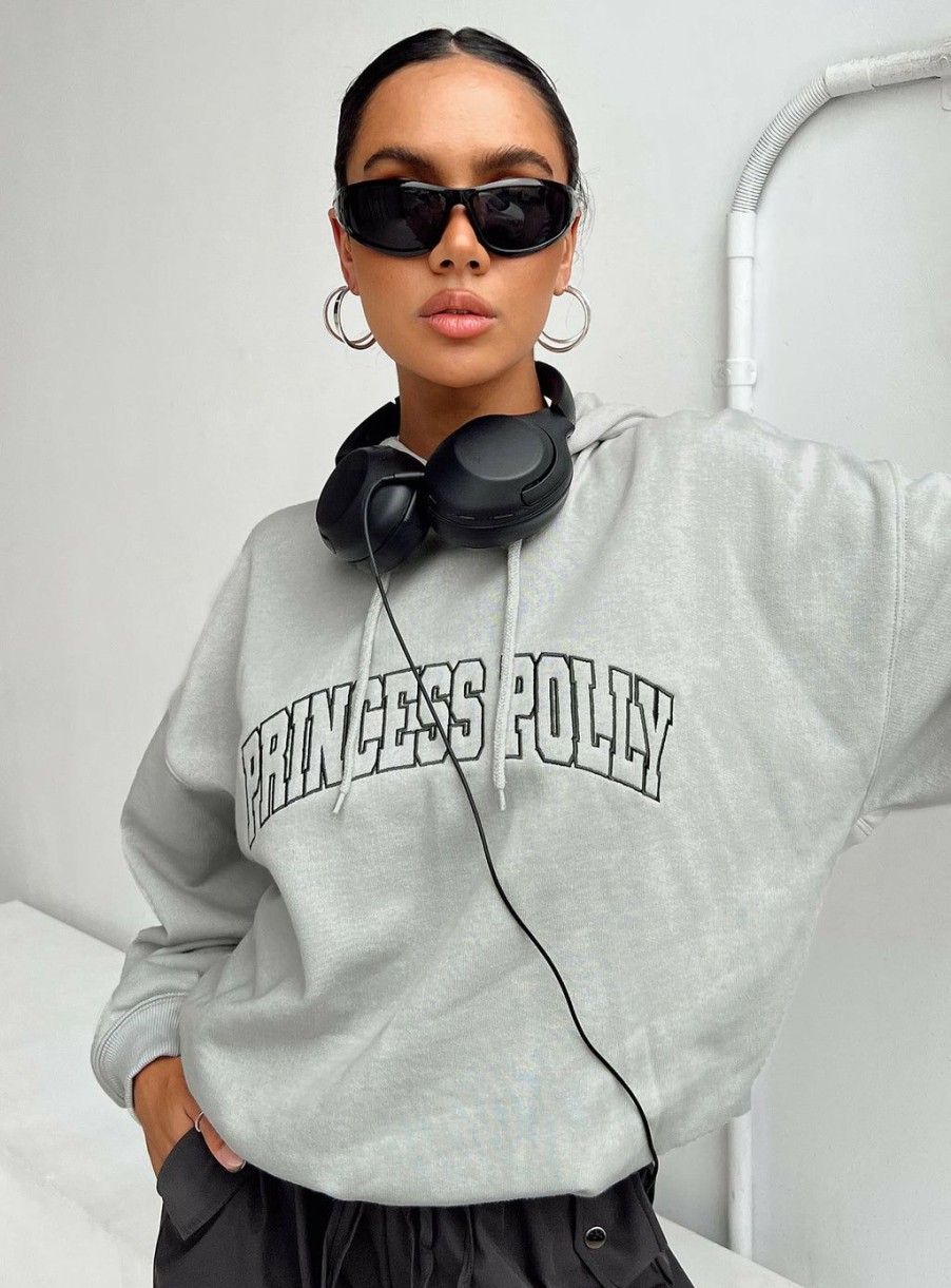 Jumpers * | Princess Polly Lower Impact Princess Polly Hooded Sweater Collegiate Text Grey / Green