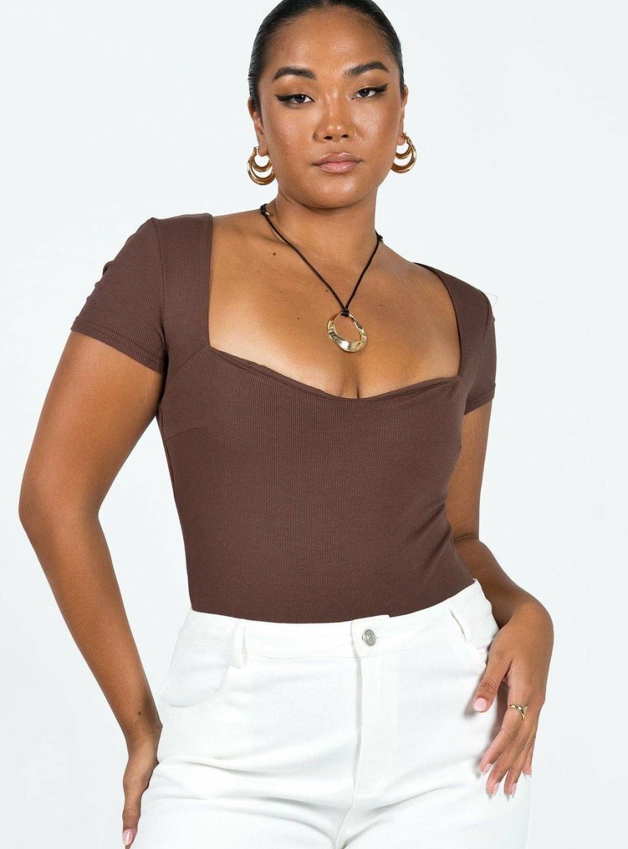 Bodysuits * | Princess Polly Lower Impact Nolan Short Sleeve Bodysuit Brown