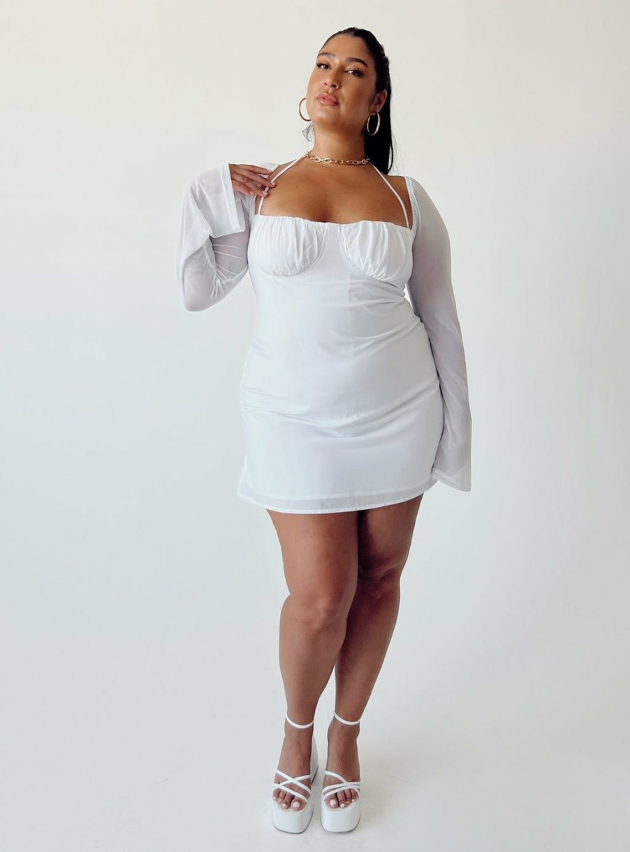 Mini Dresses * | Princess Polly Curve Dyer Sheer Sleeve Mini Dress White Curve