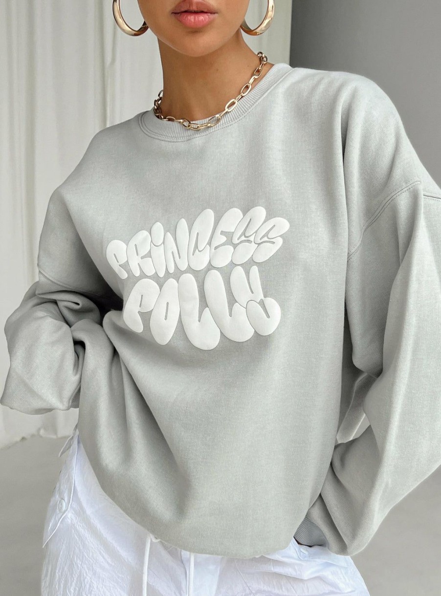 Jumpers * | Princess Polly Lower Impact Princess Polly Crew Neck Sweater Bubble Text Grey / White