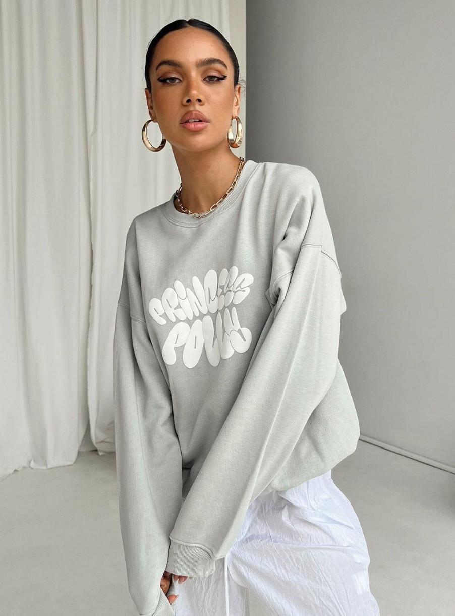 Jumpers * | Princess Polly Lower Impact Princess Polly Crew Neck Sweater Bubble Text Grey / White